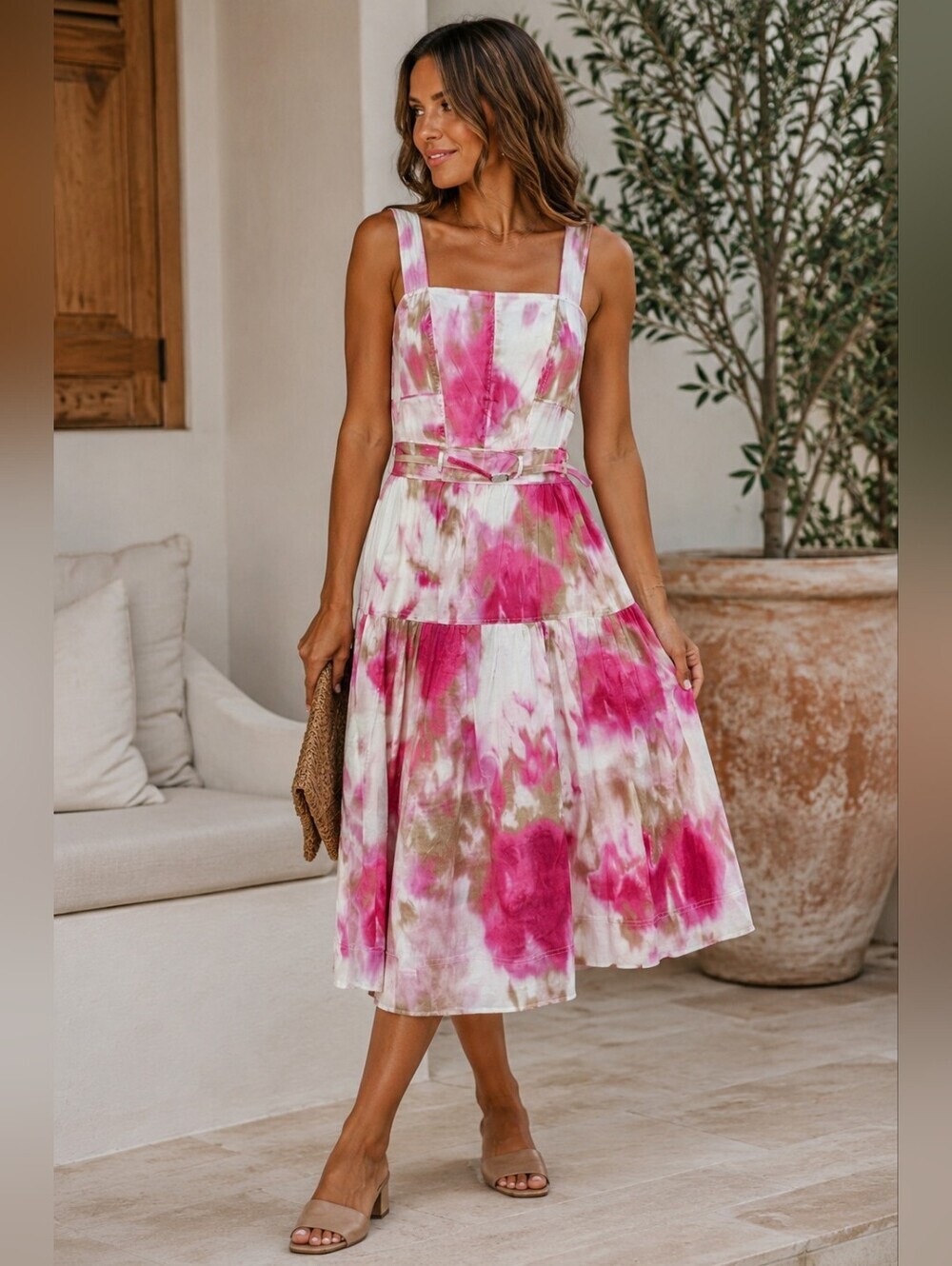 DKNY Pink White Tan Tie-Dye Cotton Midi Dress w/Belted Waist Women's Sz 12 NWT